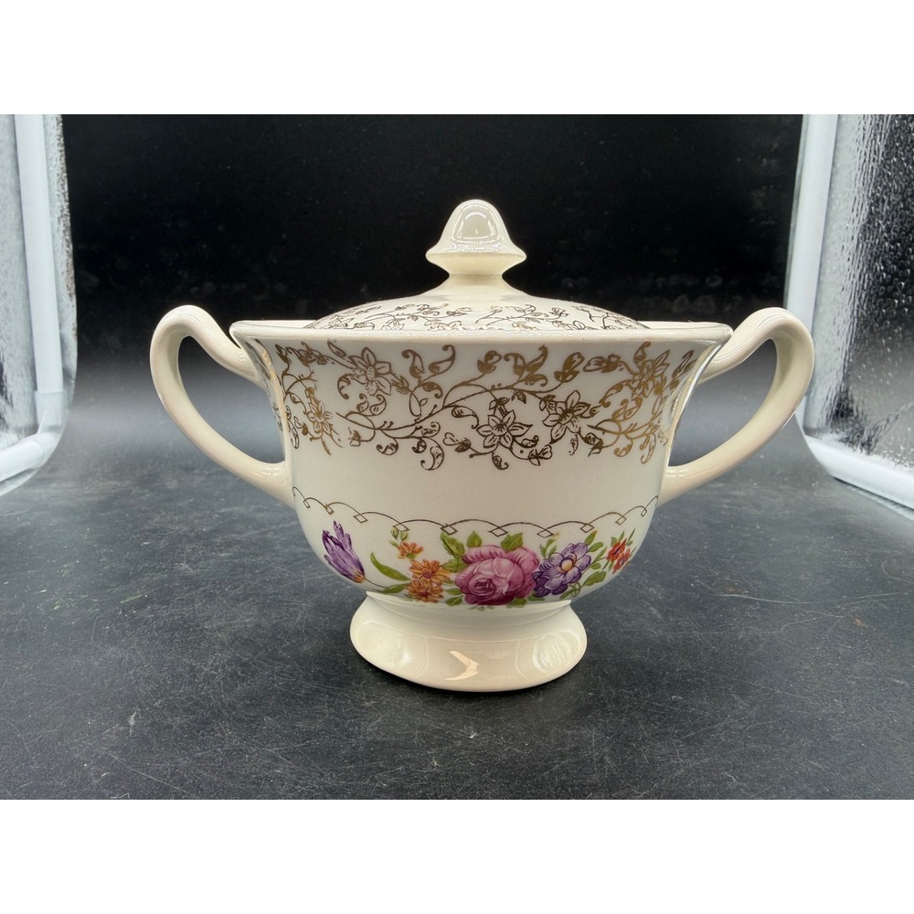 Vintage Floral and Gold Filigree Ceramic Lidded Sugar Bowl Double Handled Cream